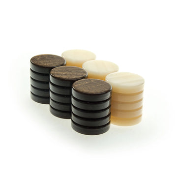 A close-up view of a set of checkers pieces with a combination of ivory and brown colors. The pieces are round, featuring smooth surfaces, and arranged in two groups. The left side has dark brown checkers, while the right has light ivory checkers, showcasing a classic design for traditional games.