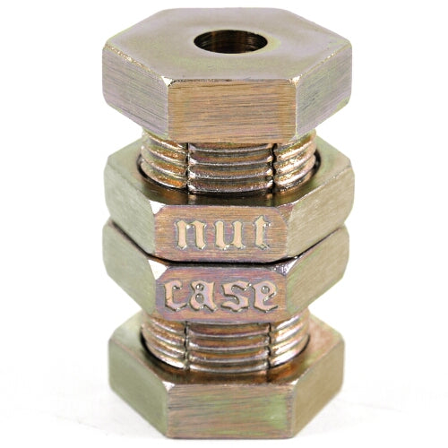 The Cast Nutcase by Hanayama is a unique mechanical puzzle designed to challenge and engage the mind. It features a textured, metallic appearance with hexagonal nuts stacked together, displaying the words 'nut' and 'case' intricately engraved on the sides. The puzzle's compact size makes it a perfect addition to any collection or a thoughtful gift for puzzle enthusiasts.