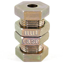 The Cast Nutcase by Hanayama is a unique mechanical puzzle designed to challenge and engage the mind. It features a textured, metallic appearance with hexagonal nuts stacked together, displaying the words 'nut' and 'case' intricately engraved on the sides. The puzzle's compact size makes it a perfect addition to any collection or a thoughtful gift for puzzle enthusiasts.