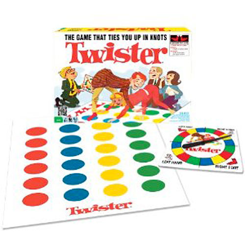 Twister game by Winning Moves featuring a colorful mat with red, yellow, green, and blue circles, along with a spinner and a box that reads 'Twister - The Game That Ties You Up in Knots'. Perfect for family fun and gatherings.