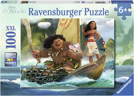 A vibrant jigsaw puzzle featuring iconic characters Moana and Maui from Disney's Moana. The 100-piece puzzle showcases Moana with her oar and Maui with his magical fishhook, sailing through picturesque waters. Perfect for ages 6 and up.