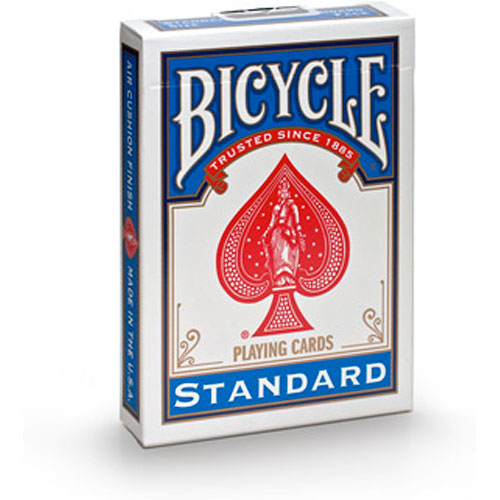 A deck of Bicycle Standard playing cards produced by US Playing Card Co. The box features a bold red and blue design with an iconic spade logo, indicating its long-standing trust and quality since 1885.