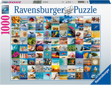 The 99 Seaside Moments jigsaw puzzle by Ravensburger features a vibrant collage of seaside imagery, including starfish, tropical drinks, beach scenes, surfboards, and underwater views, all designed to captivate ocean lovers. This 1000-piece puzzle offers a challenging and enjoyable experience for adults and families alike.
