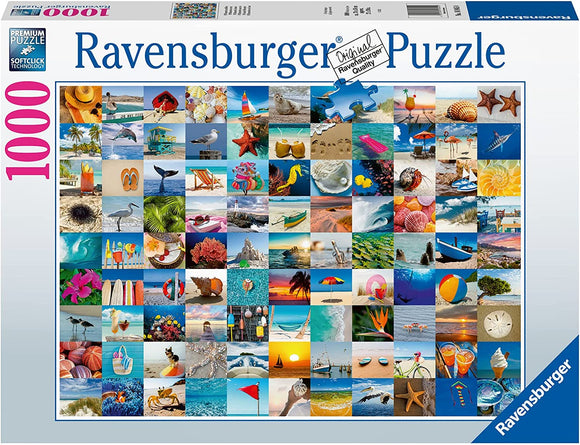 The 99 Seaside Moments jigsaw puzzle by Ravensburger features a vibrant collage of seaside imagery, including starfish, tropical drinks, beach scenes, surfboards, and underwater views, all designed to captivate ocean lovers. This 1000-piece puzzle offers a challenging and enjoyable experience for adults and families alike.