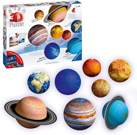 Ravensburger 3D Solar System Jigsaw Puzzle displaying nine colorful planet pieces, including Saturn, Jupiter, and Earth, with the puzzle box in the background. Each planet is represented as a 3D sphere, showcasing intricate details and vibrant colors, suitable for ages 6 to 99.