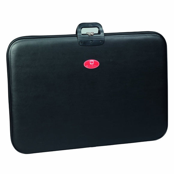 The PortaPuzzle Deluxe by Jumbo is a sleek, black puzzle storage case designed to store and transport jigsaw puzzles. It features a zipper closure and a sturdy handle for easy carrying. The exterior is smooth and durable, ideal for protecting jigsaw pieces.
