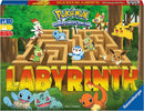 A colorful box for the game 'Labyrinth Pokémon' by Ravensburger. The design features popular Pokémon characters like Pikachu, Squirtle, and Eevee, standing around a maze made of stone blocks. The game's title 'LABYRINTH' is prominently displayed in large, bold, multicolored letters at the bottom. The background shows a lush, green forest setting, creating an inviting atmosphere for players aged 7 to 99.