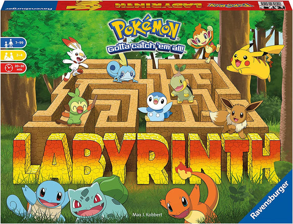 A colorful box for the game 'Labyrinth Pokémon' by Ravensburger. The design features popular Pokémon characters like Pikachu, Squirtle, and Eevee, standing around a maze made of stone blocks. The game's title 'LABYRINTH' is prominently displayed in large, bold, multicolored letters at the bottom. The background shows a lush, green forest setting, creating an inviting atmosphere for players aged 7 to 99.