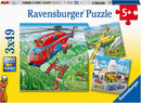 Above the Clouds jigsaw puzzle set by Ravensburger featuring three 49-piece designs. Each puzzle showcases vibrant illustrations of aircraft in scenic landscapes, suitable for ages 5 and up.
