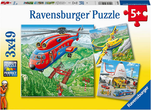 Above the Clouds jigsaw puzzle set by Ravensburger featuring three 49-piece designs. Each puzzle showcases vibrant illustrations of aircraft in scenic landscapes, suitable for ages 5 and up.