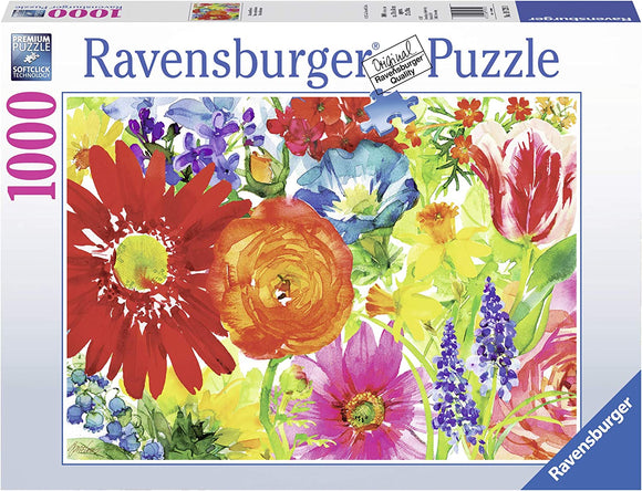 A colorful jigsaw puzzle box for the Ravensburger Abundant Blooms 1000 piece puzzle, featuring a vibrant floral design with various flowers like gerberas, tulips, and other blossoms in warm hues. The box displays the premium quality and soft-click technology of Ravensburger puzzles, ideal for puzzle enthusiasts.