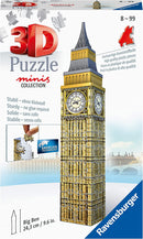 Mini Big Ben 3D puzzle by Ravensburger, featuring 54 high-quality plastic pieces. The puzzle showcases a detailed replica of the iconic clock tower, measuring 9.6 inches tall. Ideal for ages 8 and up, it requires no glue and utilizes Easyclick technology for a stable build.