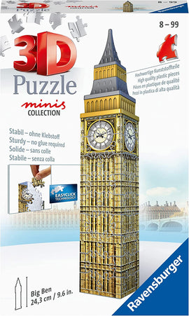 Mini Big Ben 3D puzzle by Ravensburger, featuring 54 high-quality plastic pieces. The puzzle showcases a detailed replica of the iconic clock tower, measuring 9.6 inches tall. Ideal for ages 8 and up, it requires no glue and utilizes Easyclick technology for a stable build.