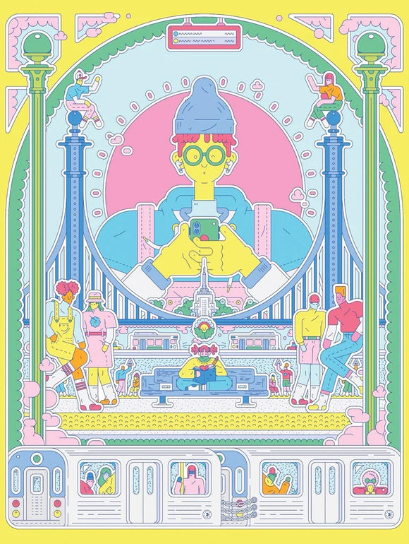 An illustration for the Epic Commute Puzzle (500pc) by New York Puzzle Company, depicting a vibrant and colorful city scene with diverse characters engaged in various activities, set against a backdrop of an urban skyline and subway. The jigsaw puzzle captures the essence of city life with intricate details and bright colors.