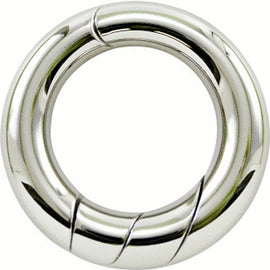 Hanayama Cast Loop mechanical puzzle featuring a shiny, interlocking metal ring design. The puzzle consists of a circular shape with three distinct loops that challenge the player to separate and reassemble the pieces, promoting critical thinking and problem-solving skills.