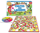 Chutes and Ladders board game by Hasbro featuring a colorful game board with ladders and chutes, a spinning wheel, and player pieces. The box displays vibrant illustrations and the title 'Chutes and Ladders' prominently, highlighting that it is an exciting game for children ages four and up.