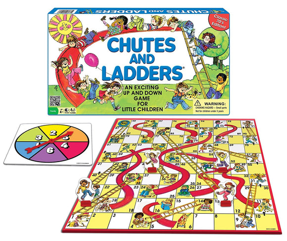 Chutes and Ladders board game by Hasbro featuring a colorful game board with ladders and chutes, a spinning wheel, and player pieces. The box displays vibrant illustrations and the title 'Chutes and Ladders' prominently, highlighting that it is an exciting game for children ages four and up.