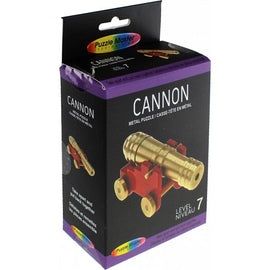 Brass Cannon mechanical puzzle by Puzzle Master featuring a brass-colored cannon mounted on a red base. The package, designed for level 7 difficulty, includes instructions to disassemble and reassemble the puzzle for a challenging experience.