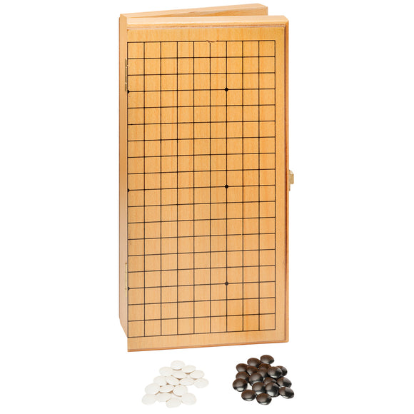 Go Set by Wood Expressions Inc. features a folding board measuring 11 3/4 X 6 inches, with a grid design. The set includes black and white game stones, perfect for strategic gameplay.