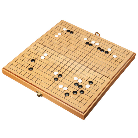 Go Set game from Wood Expressions Inc., featuring a folding board measuring 11 3/4 x 6 inches, with a classic grid pattern and black and white stones positioned on the board.