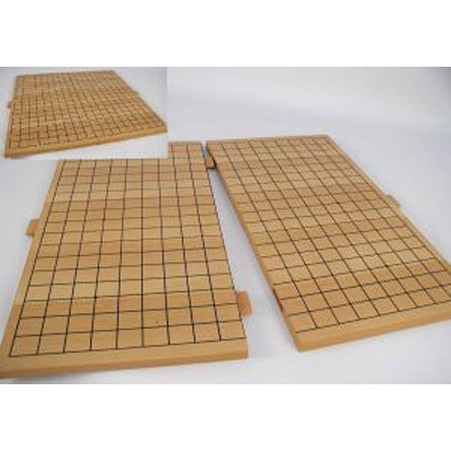 A 18-inch split Go board made of natural wood, featuring a grid pattern for gameplay. The board is shown in two sections, highlighting its split design for easy storage and transport. Ideal for both casual play and serious matches, designed for enthusiasts of the strategic game.