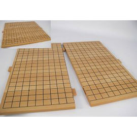 A 18-inch split Go board made of natural wood, featuring a grid pattern for gameplay. The board is shown in two sections, highlighting its split design for easy storage and transport. Ideal for both casual play and serious matches, designed for enthusiasts of the strategic game.