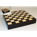 A 13.25-inch chess board featuring a traditional black and maple checkered design. The chess board is compact and can be folded for convenient storage. It showcases fine craftsmanship, ideal for chess enthusiasts and collectors.