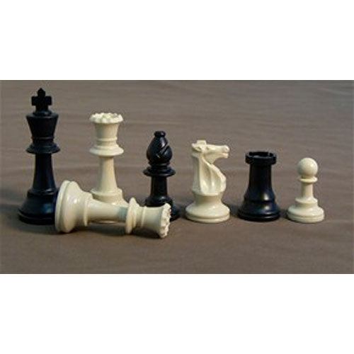 A set of 3.75-inch plastic triple weighted chessmen displayed on a brown background. The chess pieces include kings, queens, knights, rooks, bishops, and pawns in black and white colors, showcasing classic design and sturdy construction ideal for both casual and competitive play.