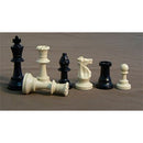 A set of 3.75-inch plastic triple weighted chessmen displayed on a brown background. The chess pieces include kings, queens, knights, rooks, bishops, and pawns in black and white colors, showcasing classic design and sturdy construction ideal for both casual and competitive play.