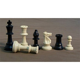 A set of 3.75-inch plastic triple weighted chessmen displayed on a brown background. The chess pieces include kings, queens, knights, rooks, bishops, and pawns in black and white colors, showcasing classic design and sturdy construction ideal for both casual and competitive play.