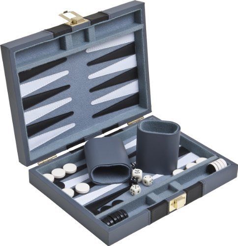A 9-inch backgammon set from John N. Hansen Co. Inc., featuring a sleek gray exterior with a latch. Inside, there are organized trays for game pieces, including black and white checkers and dice, alongside two dice cups for gameplay.