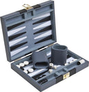 A 9-inch backgammon set from John N. Hansen Co. Inc., featuring a sleek gray exterior with a latch. Inside, there are organized trays for game pieces, including black and white checkers and dice, alongside two dice cups for gameplay.