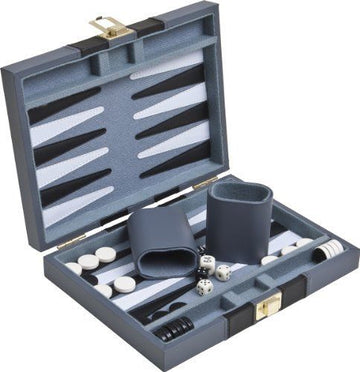 A 9-inch backgammon set from John N. Hansen Co. Inc., featuring a sleek gray exterior with a latch. Inside, there are organized trays for game pieces, including black and white checkers and dice, alongside two dice cups for gameplay.