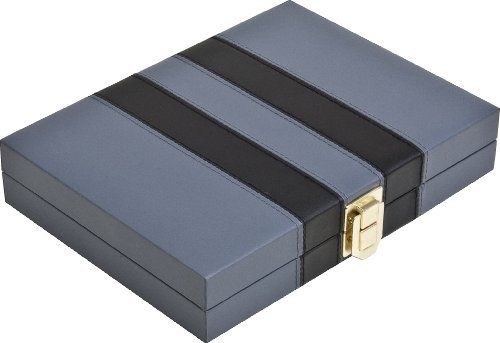 John N. Hansen Co. Inc. Backgammon set featuring a compact and elegantly designed 9-inch case with a sleek black and grey exterior and a gold clasp. Ideal for classic game nights and travel.