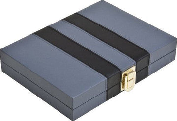 John N. Hansen Co. Inc. Backgammon set featuring a compact and elegantly designed 9-inch case with a sleek black and grey exterior and a gold clasp. Ideal for classic game nights and travel.