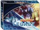 Pandemic Legacy: Season 1 board game box artwork featuring a dramatic design with characters in protective gear and digital interfaces. The box displays the title prominently, conveying a sense of urgency and teamwork in a pandemic scenario. Designed by Matt Leacock and Rob Daviau, this game invites players to work together to stop global outbreaks through a compelling narrative.