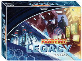 Pandemic Legacy: Season 1 board game box artwork featuring a dramatic design with characters in protective gear and digital interfaces. The box displays the title prominently, conveying a sense of urgency and teamwork in a pandemic scenario. Designed by Matt Leacock and Rob Daviau, this game invites players to work together to stop global outbreaks through a compelling narrative.