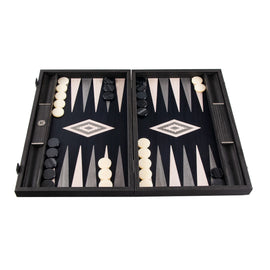 A 15-inch Pearly Grey Vavona Backgammon board featuring a stylish design with alternating light and dark patterned triangles. The board is open, displaying black and cream pieces positioned along the edges, ready for gameplay. The elegant wooden construction with a marble-like finish enhances the aesthetic appeal, making it perfect for both casual and competitive play.
