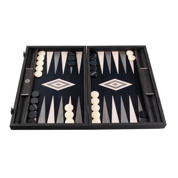 A 15-inch Pearly Grey Vavona Backgammon board featuring a stylish design with alternating light and dark patterned triangles. The board is open, displaying black and cream pieces positioned along the edges, ready for gameplay. The elegant wooden construction with a marble-like finish enhances the aesthetic appeal, making it perfect for both casual and competitive play.