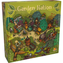The 'Garden Nation' game box features vibrant illustrations of a fantastical landscape with colorful houses, lush greenery, and whimsical creatures. The title 'Garden Nation' is prominently displayed at the top in decorative letters, inviting players into a world of adventure and strategy.