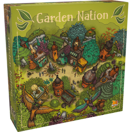 The 'Garden Nation' game box features vibrant illustrations of a fantastical landscape with colorful houses, lush greenery, and whimsical creatures. The title 'Garden Nation' is prominently displayed at the top in decorative letters, inviting players into a world of adventure and strategy.