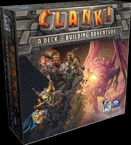 The game 'Clank!: A Deck-Building Adventure' by Renegade Game Studios features colorful artwork on the box. The cover showcases a group of adventurers navigating a dungeon, ready to collect treasures while avoiding a dragon. The game's title is prominently displayed at the top in bold letters, with the subtitle below indicating its nature as a deck-building adventure.