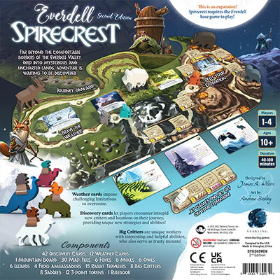 The Everdell Spirecrest Expansion game box showcases a whimsical landscape featuring a mountain and various animal figures. The back of the box includes a visual layout of the game components, including a mountain board, cards, and other game pieces, designed for 1-4 players ages 10 and up. Key features such as weather cards and discovery cards are highlighted, emphasizing the adventure and exploration aspects of the game.