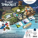 The Everdell Spirecrest Expansion game box showcases a whimsical landscape featuring a mountain and various animal figures. The back of the box includes a visual layout of the game components, including a mountain board, cards, and other game pieces, designed for 1-4 players ages 10 and up. Key features such as weather cards and discovery cards are highlighted, emphasizing the adventure and exploration aspects of the game.