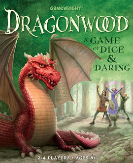 Dragonwood game box featuring a fierce red dragon in a mystical forest setting. The title 'Dragonwood' is displayed prominently at the top. Below the dragon, three adventurers are shown: a knight with a sword, a mage casting a spell, and an archer, all preparing for a daring quest. The game is designed for 2-4 players, ages 8 and up.