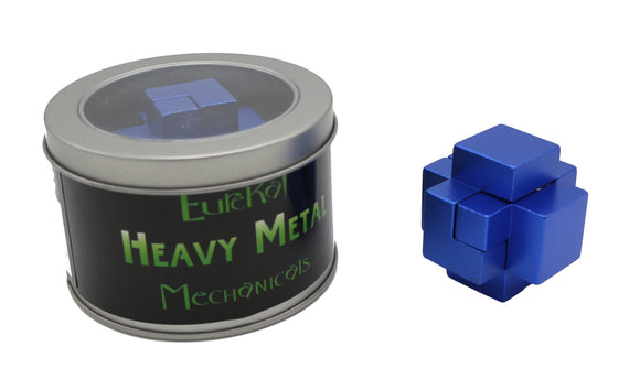 The product 'Heavy Metal: Hidden Chamber' by Eureka Puzzles is a mechanical puzzle. It features a shiny blue metal design and comes in a round tin with a transparent lid, revealing the puzzle inside. The puzzle has an intricate geometric shape, composed of various interconnected blue blocks, promising a challenging and engaging experience for puzzle enthusiasts.