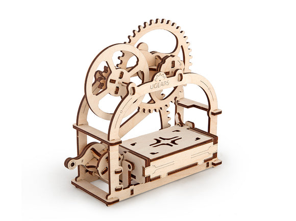 UGears 3D Mechanical Box DIY kit, showcasing intricate wooden gears and moving parts, perfect for enthusiasts of mechanical puzzles and hands-on learning.