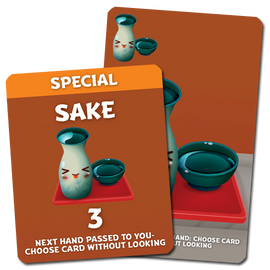 Two cards from the game Sushi Go Party! featuring a special 'Sake' card. The card displays a cute sake bottle and two bowls on a red tray. The text indicates a special rule, with the number '3' and instructions for the next hand.