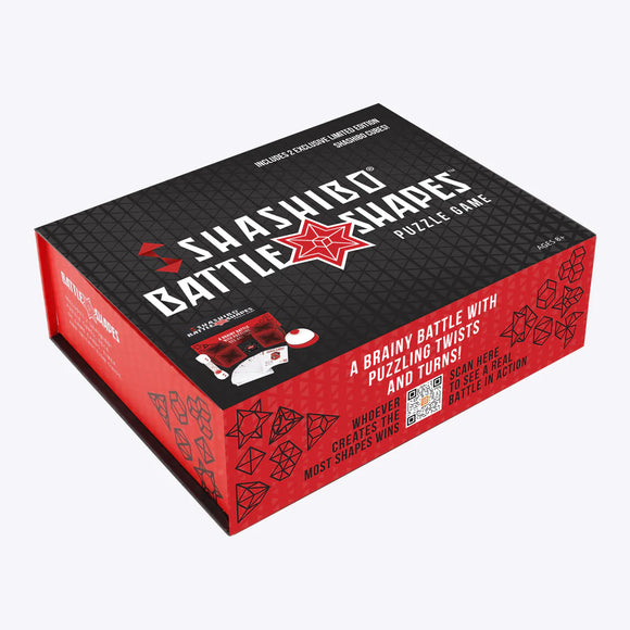 Shashibo Battle Shapes 2-pack by Geobenders, featuring an eye-catching box design with red and black colors. The front states 'A Brainy Battle with Puzzling Twists and Turns!' and includes graphics of shapes and game instructions. Perfect for puzzle lovers, it offers an engaging challenge to create various shapes and win the game.