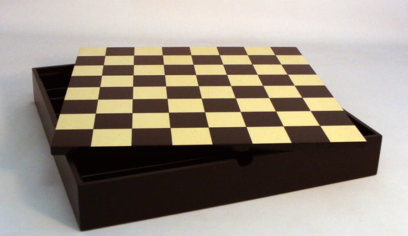 16.5-inch chess board featuring a classic black and maple checkerboard design. The board is housed in a sleek, dark storage chest that keeps chess pieces organized and protected. Ideal for chess enthusiasts and beginners alike, this stylish set combines functionality with timeless elegance.